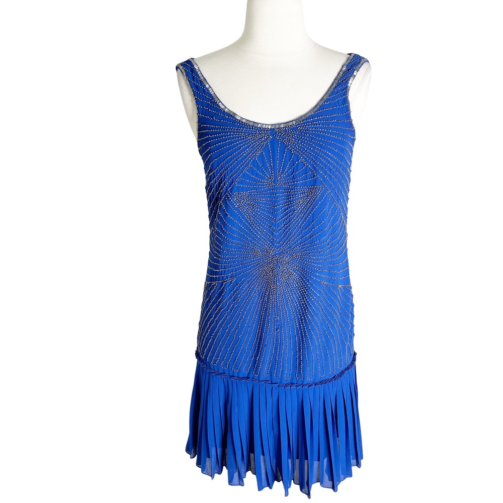 Vince Camuto Womens Blue Beaded Pleated Drop Waist Cocktail Dress Size 2